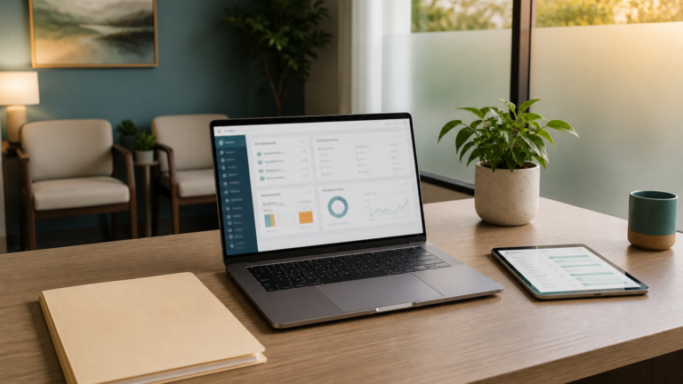 Laptop and tablet on a behavioral health clinic desk showing an EHR-style dashboard