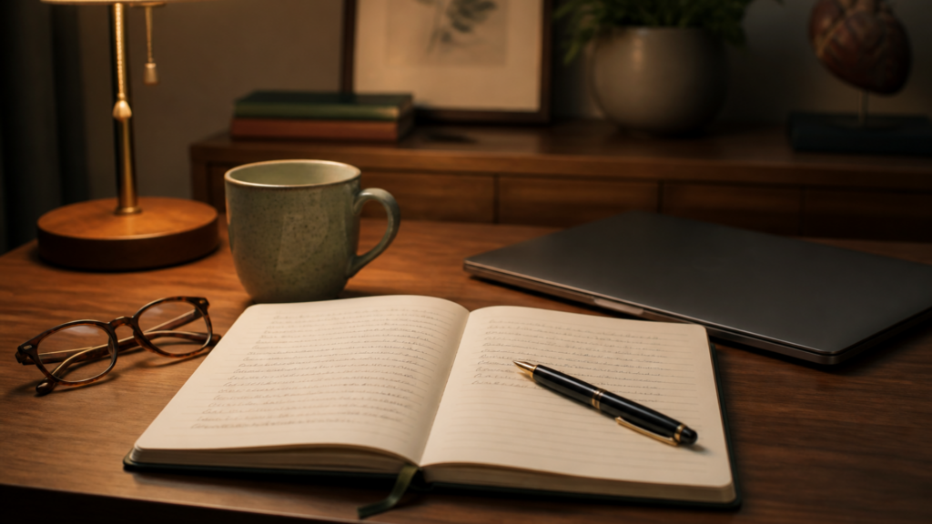 Open notebook, pen, and glasses on a desk for writing behavioral health progress notes