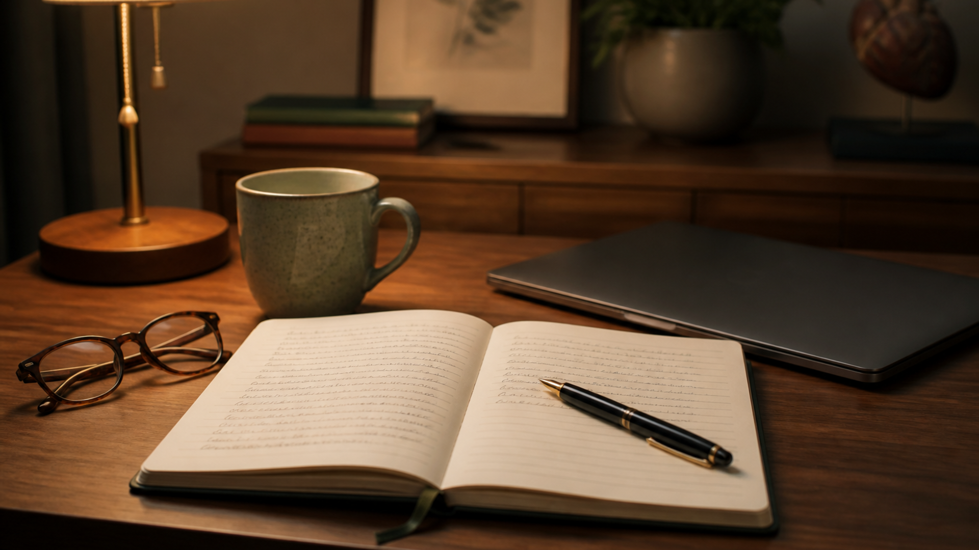 Open notebook, pen, and glasses on a desk for writing behavioral health progress notes