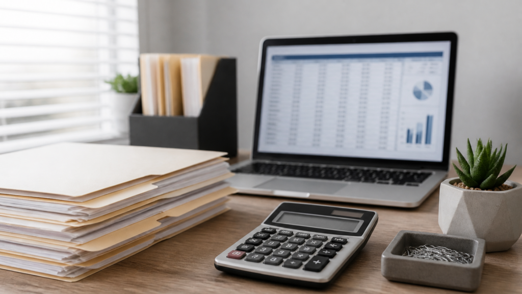 Billing desk with folders, calculator, and laptop for behavioral health revenue cycle work