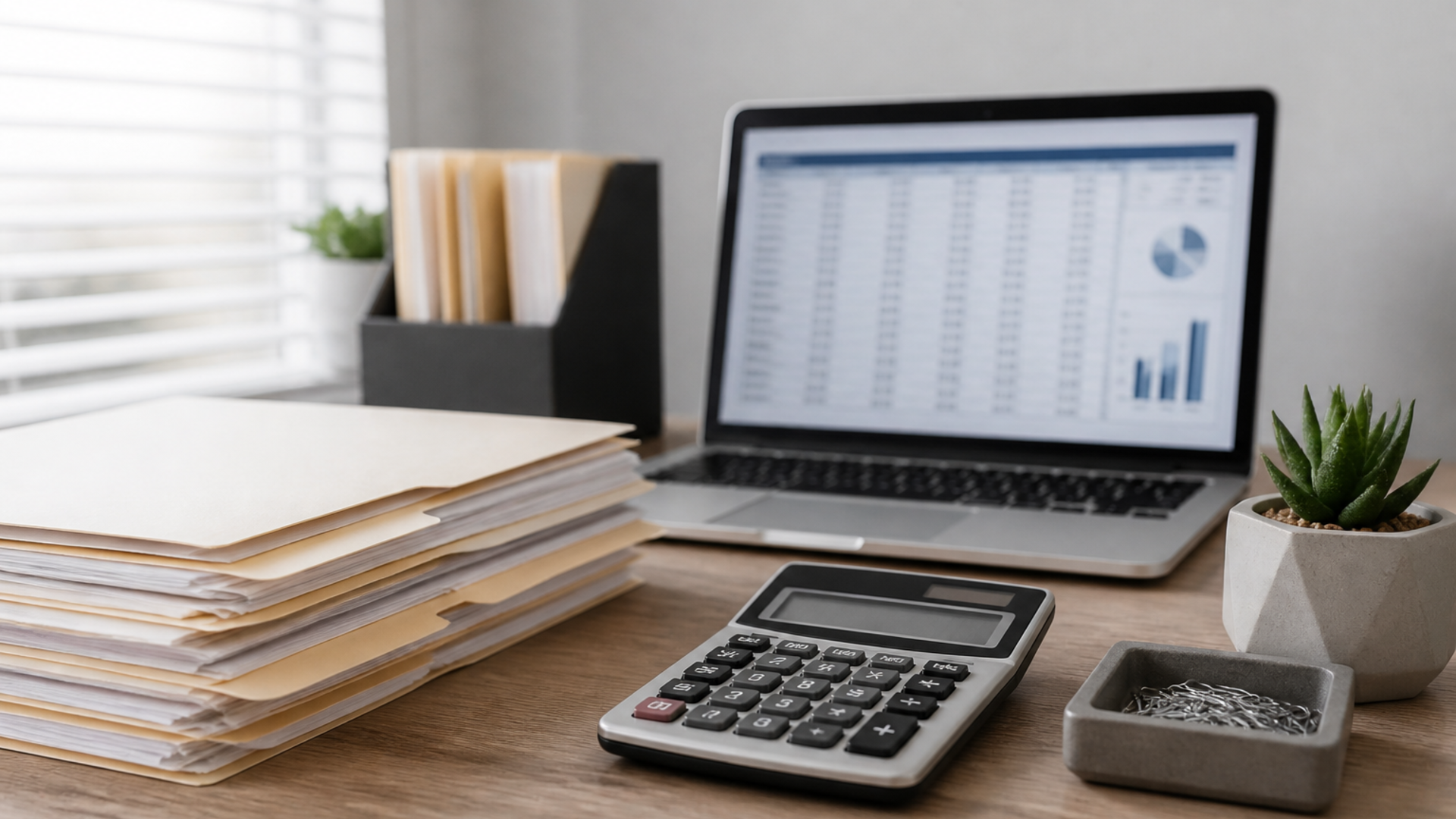 Billing desk with folders, calculator, and laptop for behavioral health revenue cycle work