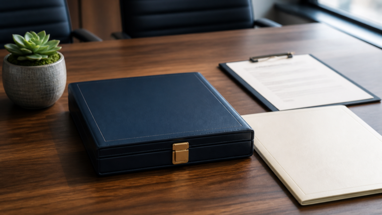 Accreditation binder and certificate folder on a treatment center conference table
