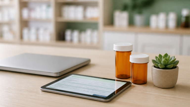 Laptop, tablet, and amber bottles on a pharmacy counter for e-prescribing