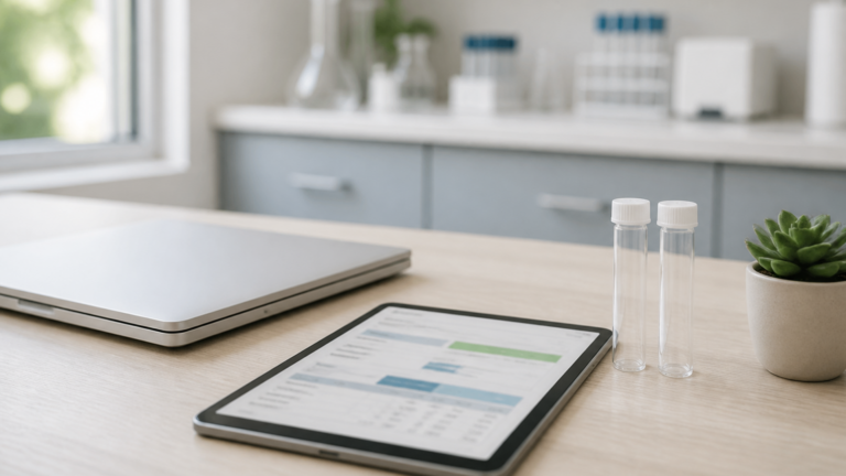 Laptop, tablet, and sample vials on a lab counter for EHR lab integration