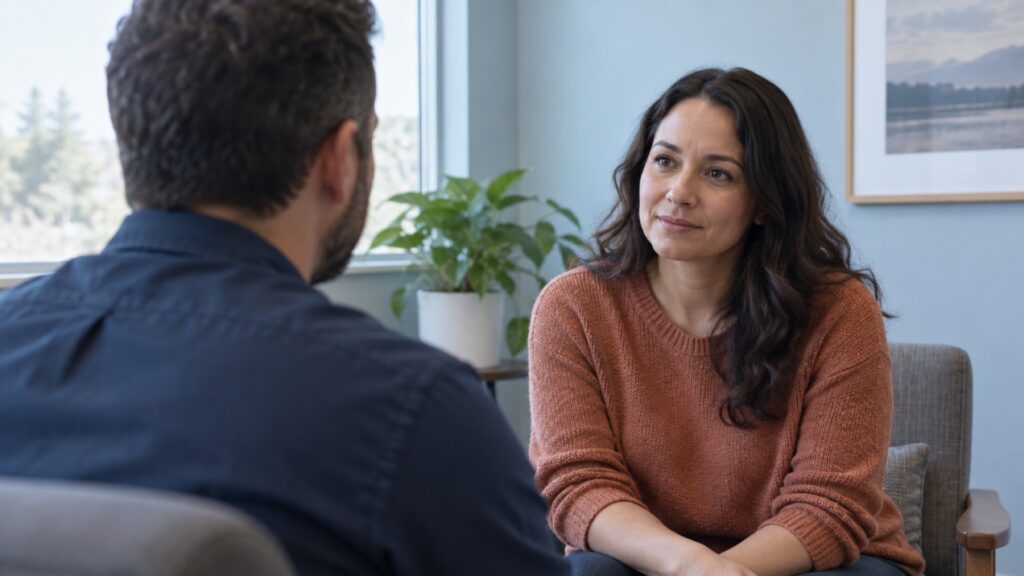 Two adults have a calm conversation in an office, viewed over one person's shoulder.