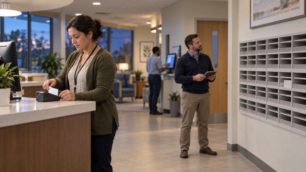 Administrative staff work with a card reader, tablet, and computer in a healthcare reception area.