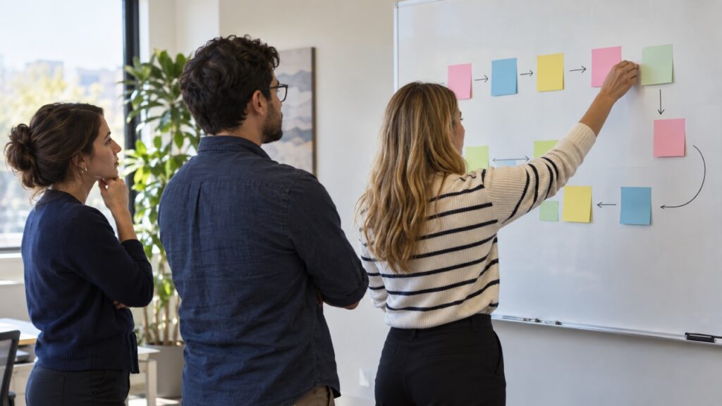 Three colleagues arrange colored notes and arrows on a whiteboard.