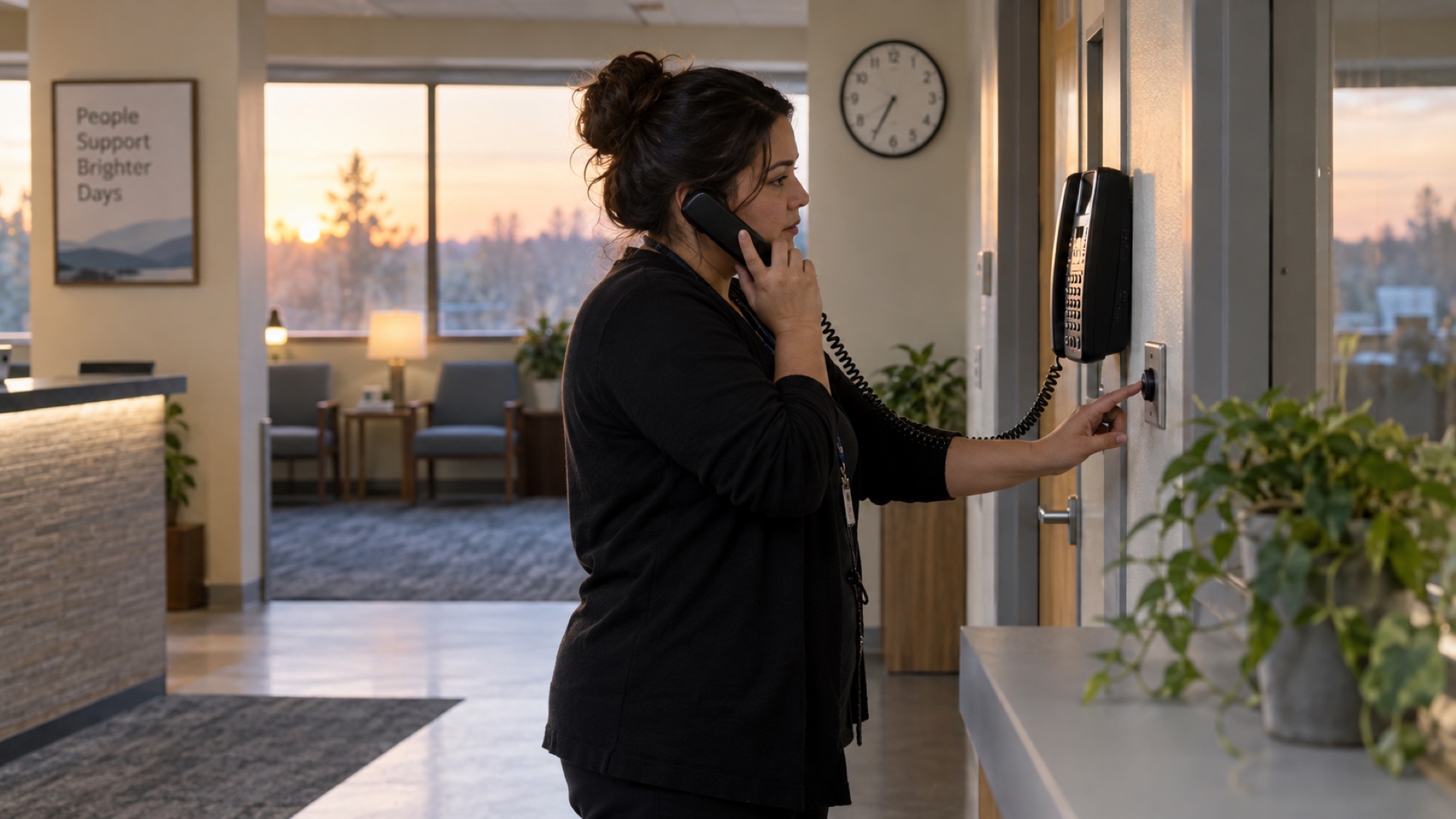 Staff member uses a wall-mounted telephone beside a doorway in a behavioral health reception area.