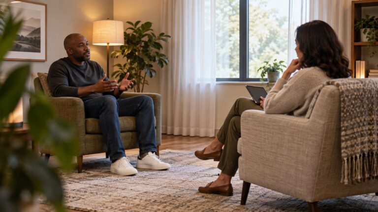 Two adults converse in armchairs, with one holding a tablet on their lap.