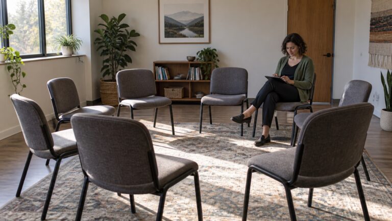 A person records notes on a tablet beside a circle of empty chairs.