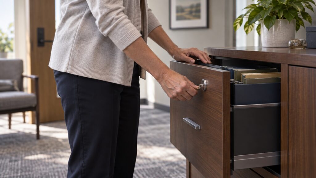 A person closes a filing-cabinet drawer while holding a key in its lock.