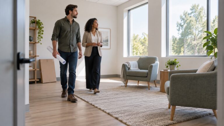 Two people inspect an empty counseling room, one holding a rolled plan.