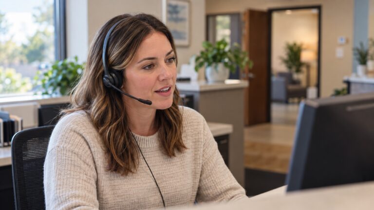 A person wearing a headset speaks with a caller at a reception workstation.