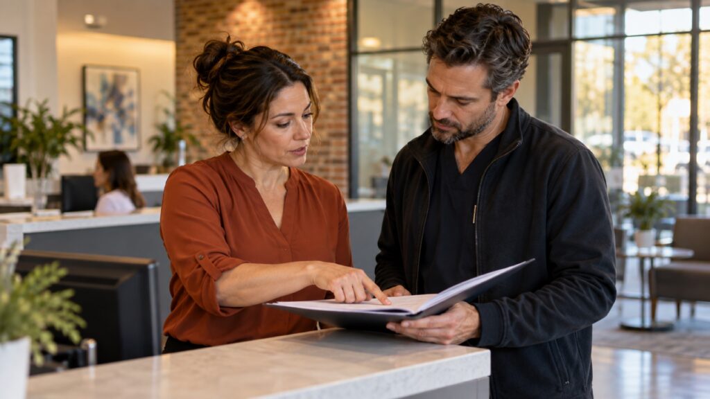 Two colleagues review an open document folder at a reception counter.