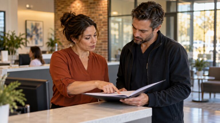 Two colleagues review an open document folder at a reception counter.