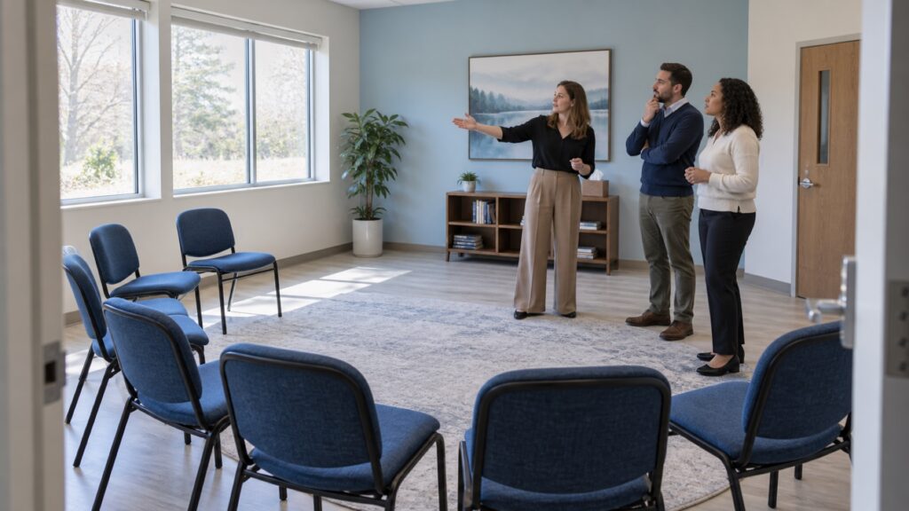 Three colleagues walk through a meeting room with chairs arranged in a semicircle.