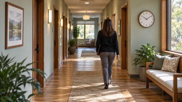 A person walks down a sunlit corridor with several doorways and a wall clock.