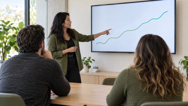 A presenter points to an unlabeled trend line while two colleagues watch.