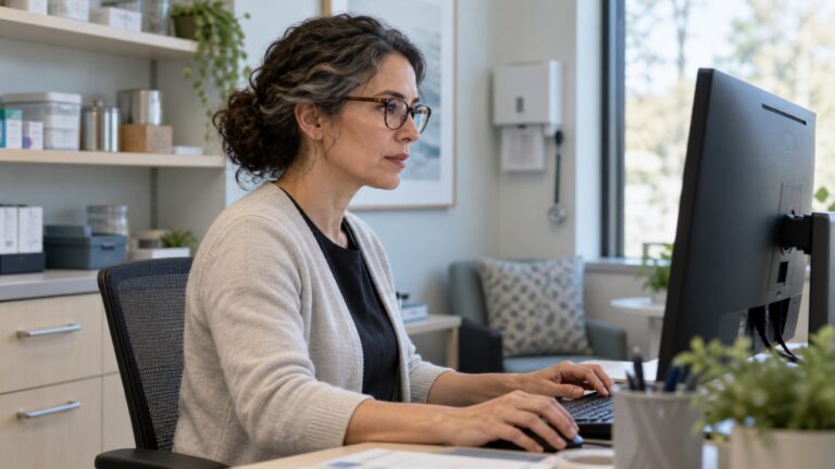 A person wearing glasses uses a desktop computer in a quiet consultation room.