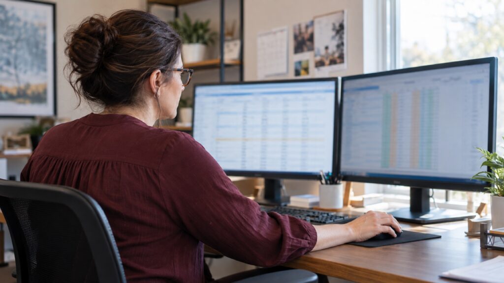 A person works at two monitors showing softly blurred rows of information.