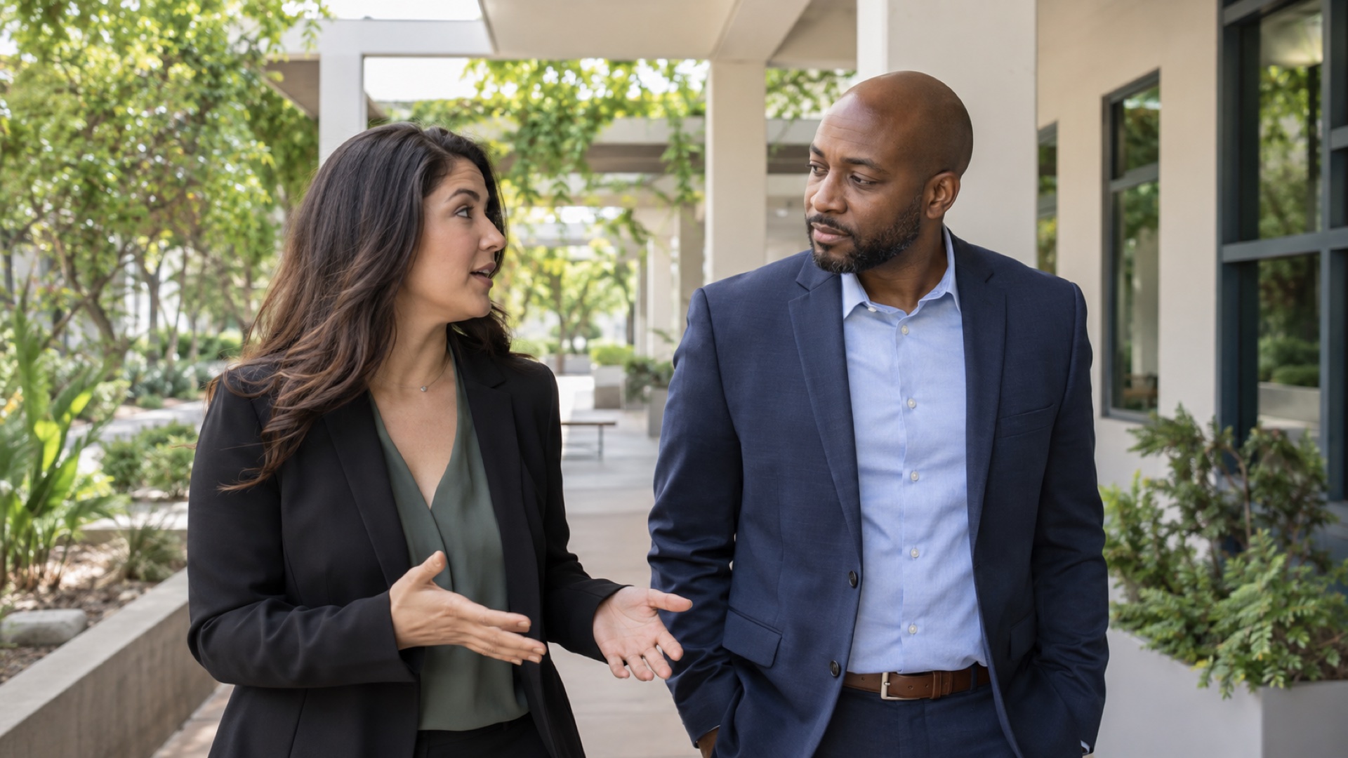 Two professionals talk while walking along a covered outdoor courtyard.