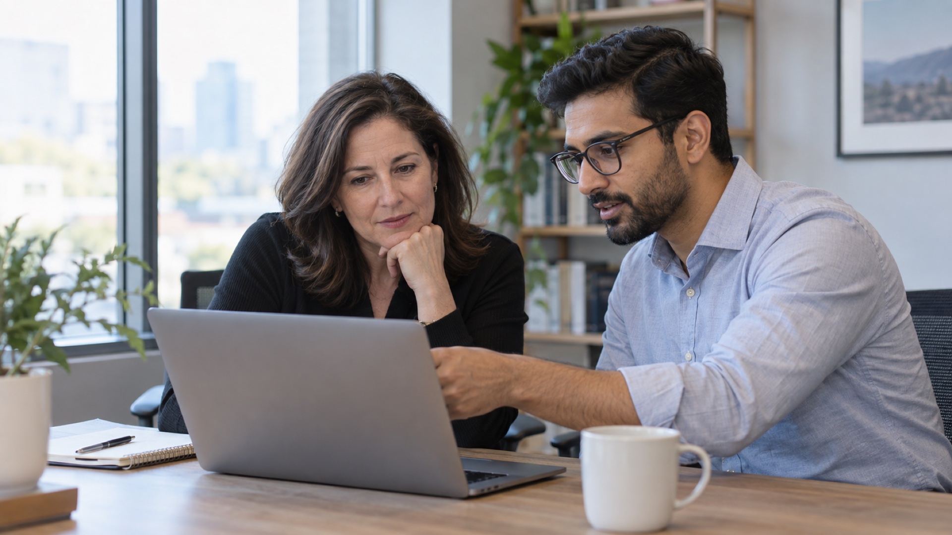 Two colleagues sit together and review a laptop in a sunlit office.