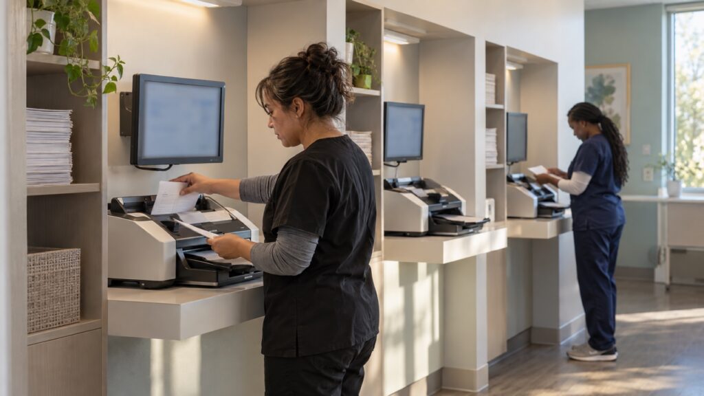 Two healthcare staff members process paper documents at separate scanning stations in a clinical office.