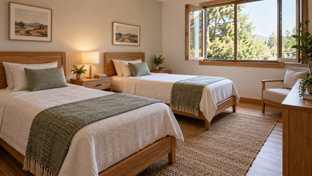 Two neatly made single beds stand beside a sunlit window in a residential room.
